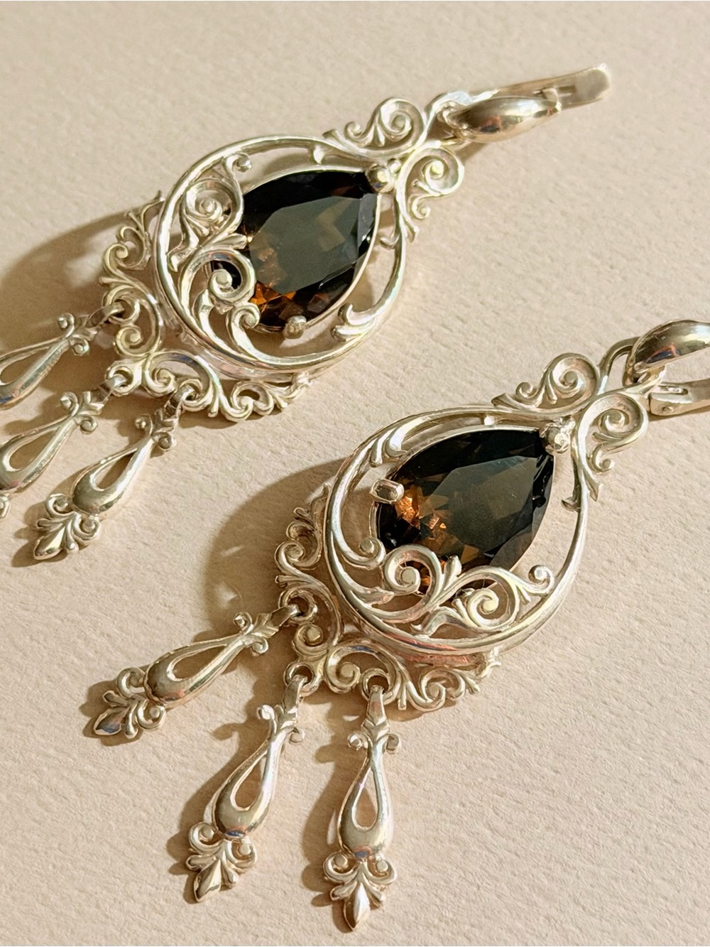 Filigree Teardrop Smoky Quartz Dangle Earrings - Silver Tone